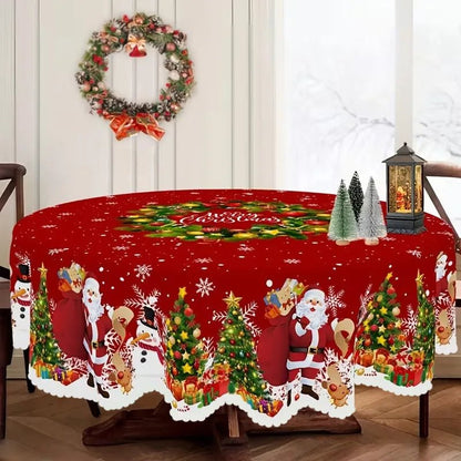 Amber vintage Christmas tablecloth care info with 100% polyester, wrinkle-free and scalloped edges