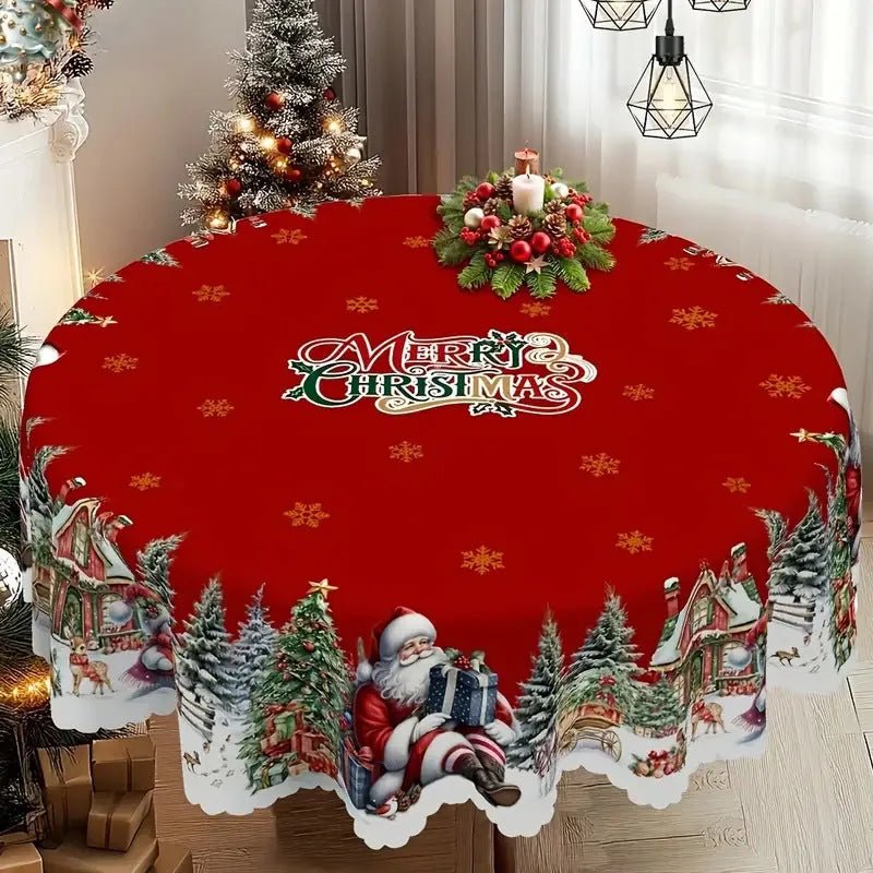 Vintage Christmas tablecloth marketing collage with festive design and machine washable features