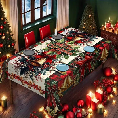 Family holiday gift scene featuring vintage Christmas tablecloth at festive dinner