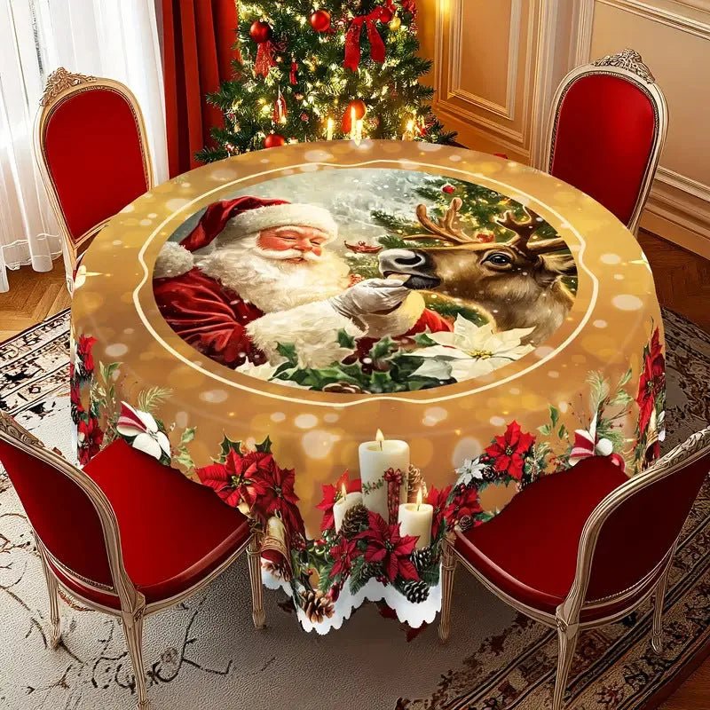 Amber vintage Christmas tablecloth with Santa and reindeer pattern shown in round and rectangle shapes