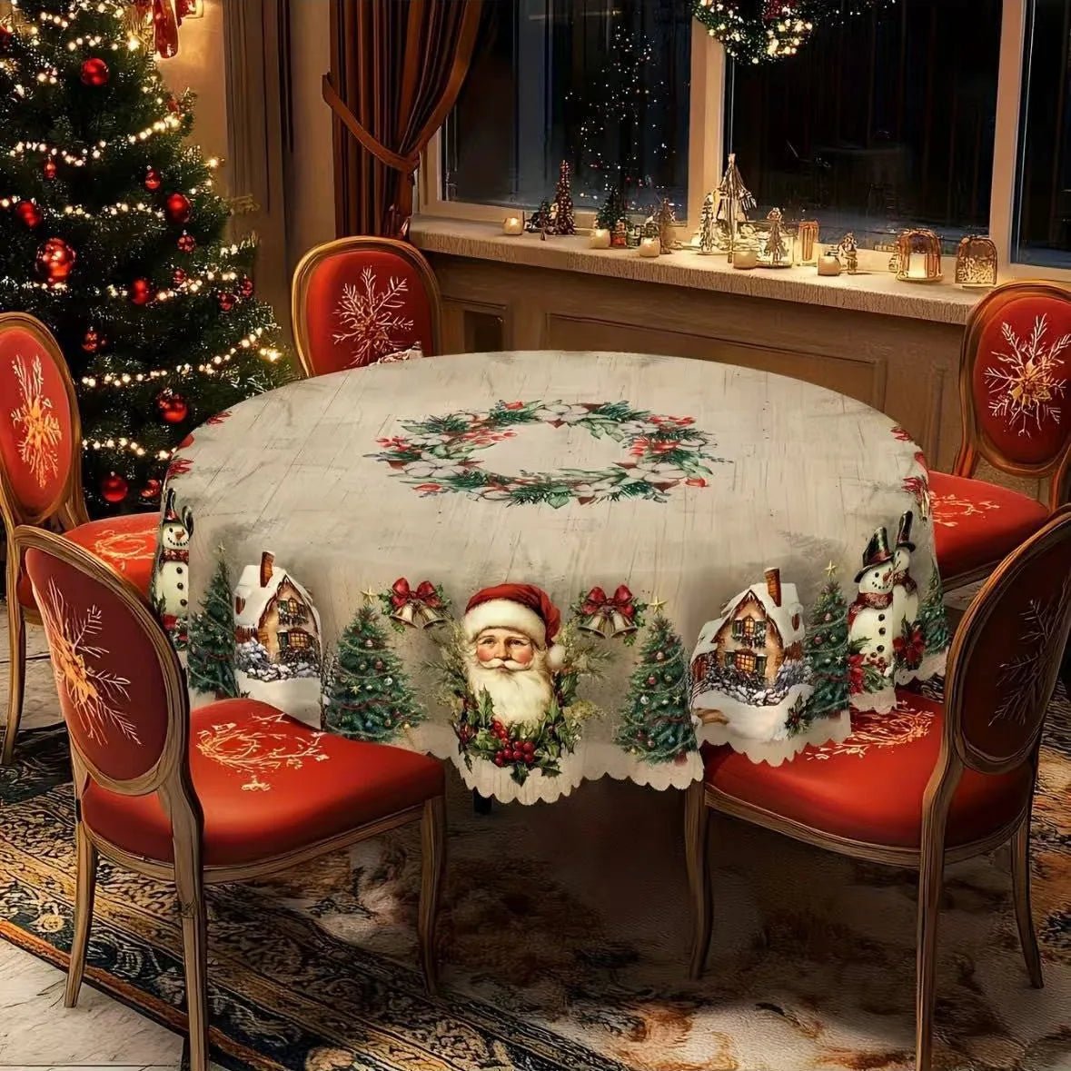 Cream vintage Christmas tablecloth care info with 100% polyester and scalloped edges