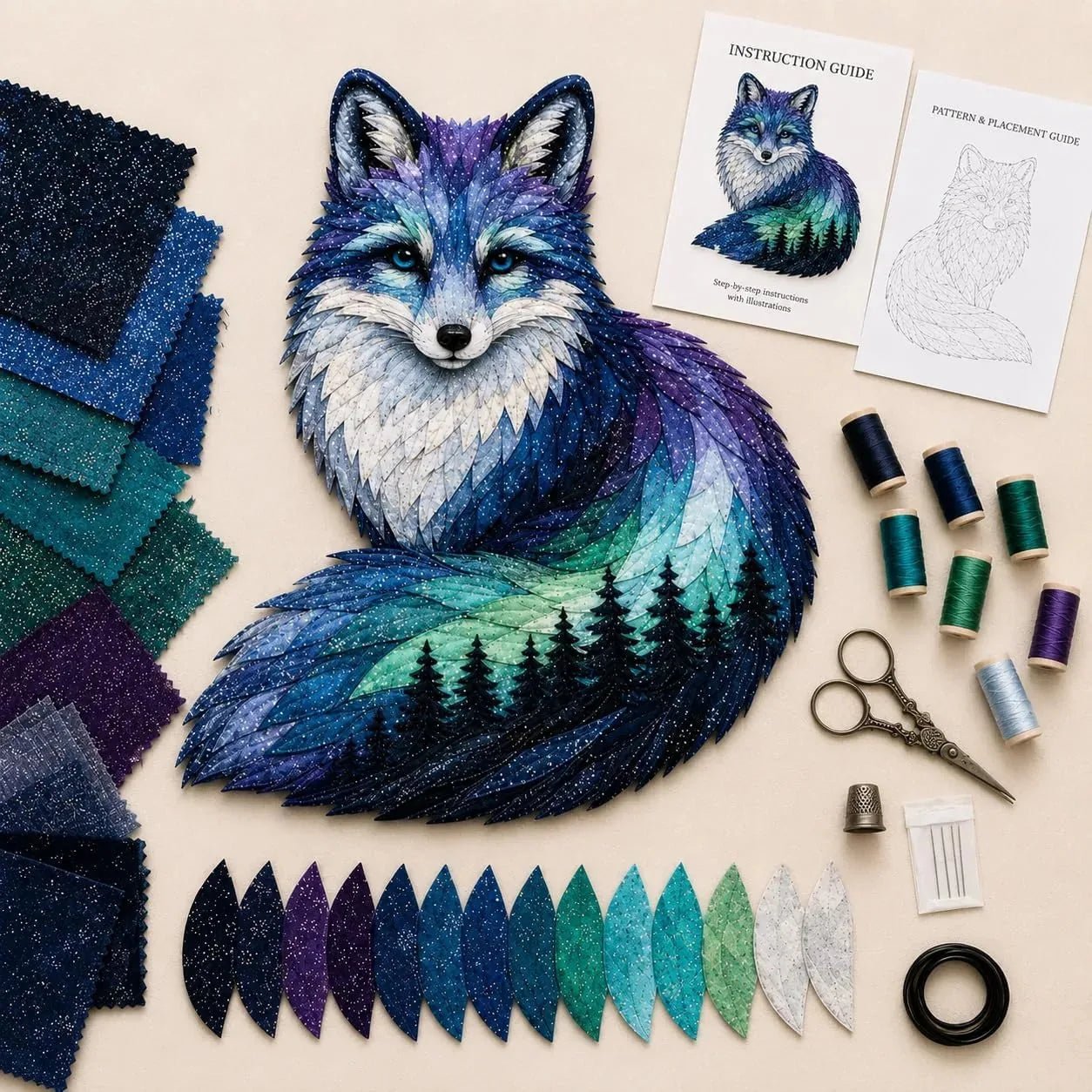 Arctic fox northern lights patchwork art kit with kit contents
