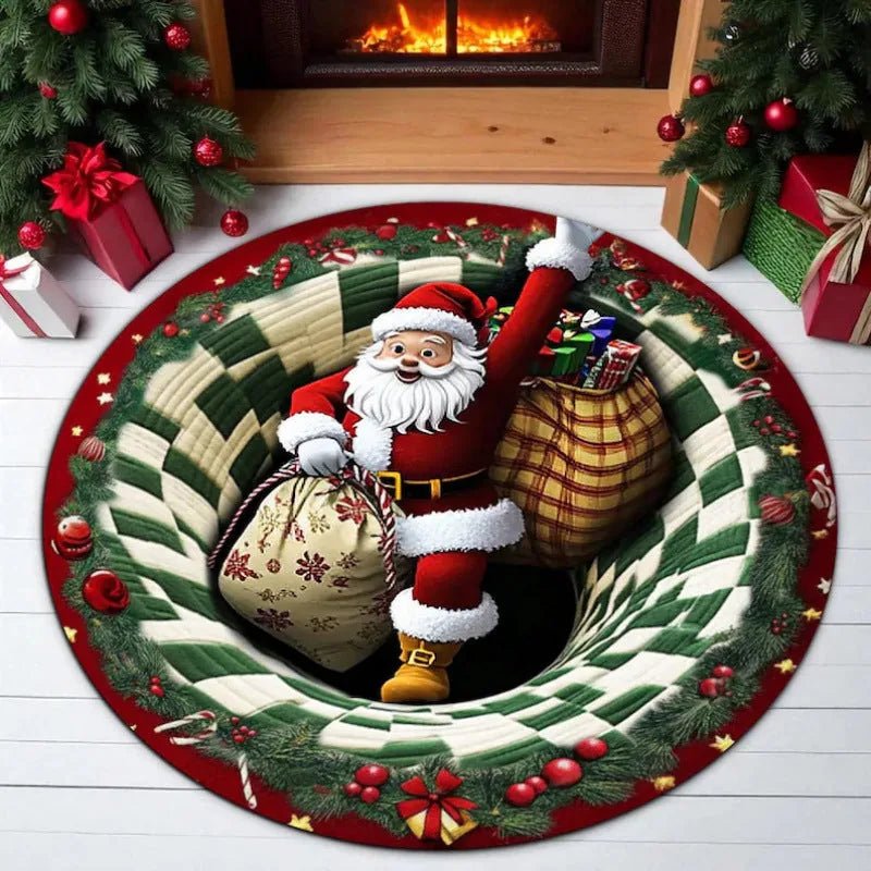 3D Christmas Santa illusion round rug Design C green checkerboard