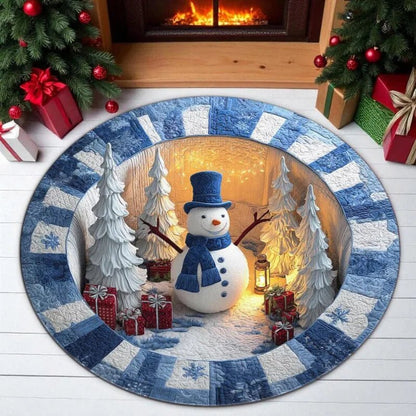 3D Christmas Santa illusion round rug Design F blue snowman scene