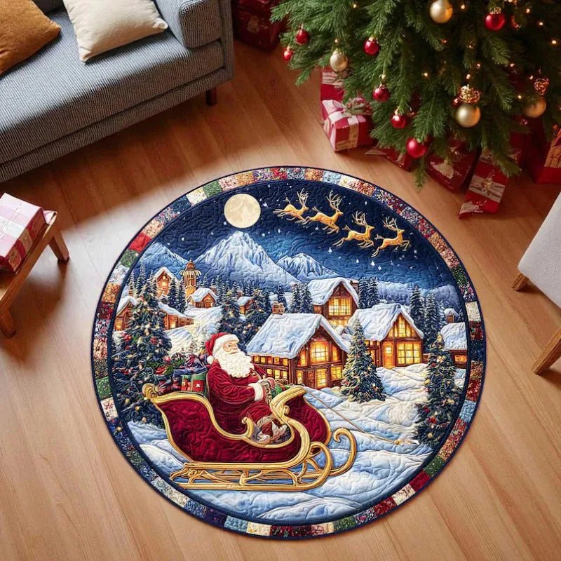 3D Christmas Santa illusion round rug Design D sleigh ride painting
