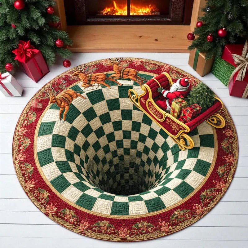 3D Christmas Santa illusion round rug Design E reindeer sleigh 3D