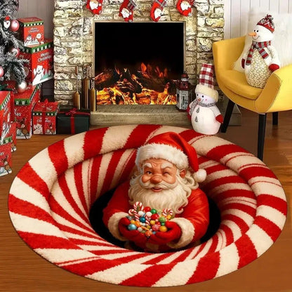 3D Christmas Santa illusion round rug Design B red white candy swirl