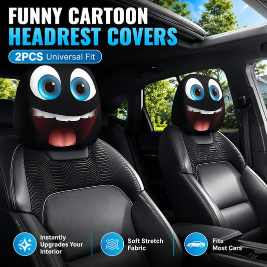 Funny cartoon grin car headrest covers big blue eyes 2pcs
