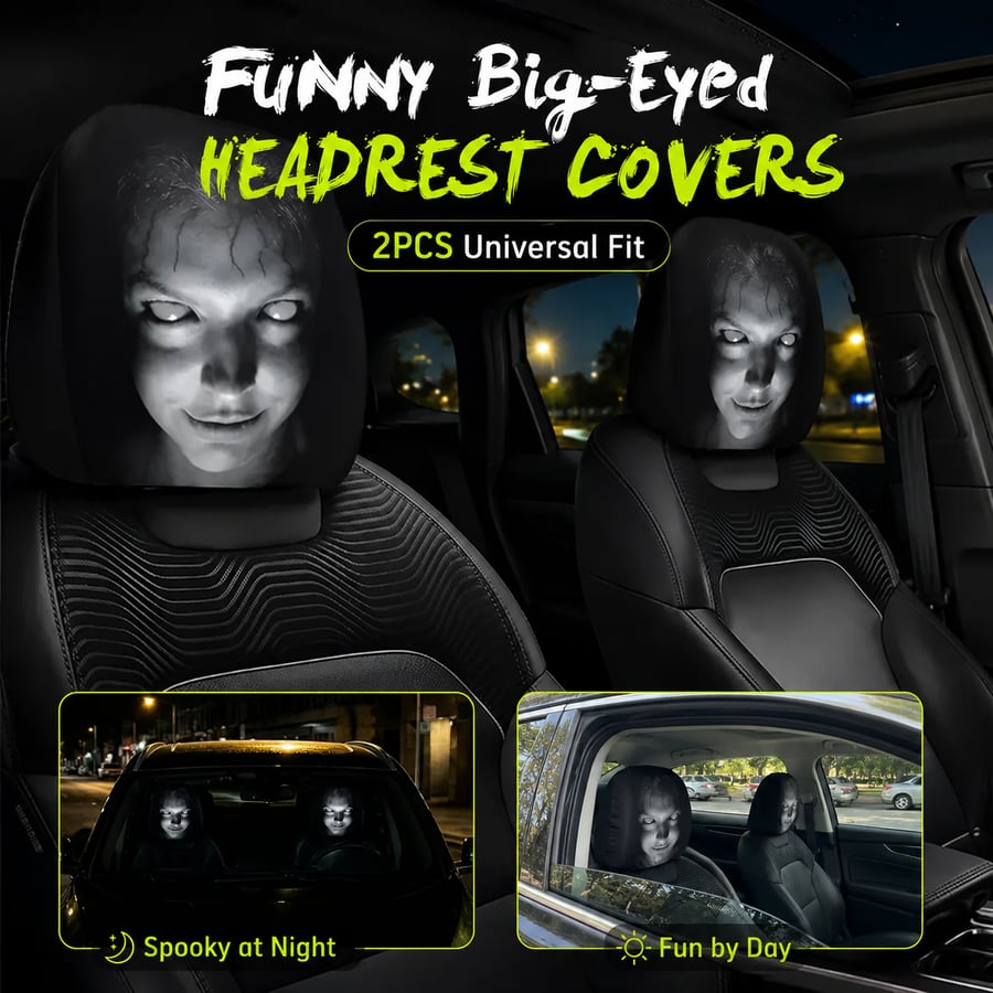 Funny big-eyed car headrest covers 2pcs spooky at night fun by day