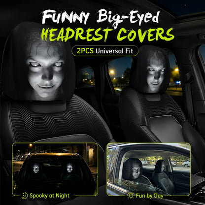 Funny big-eyed car headrest covers 2pcs spooky at night fun by day