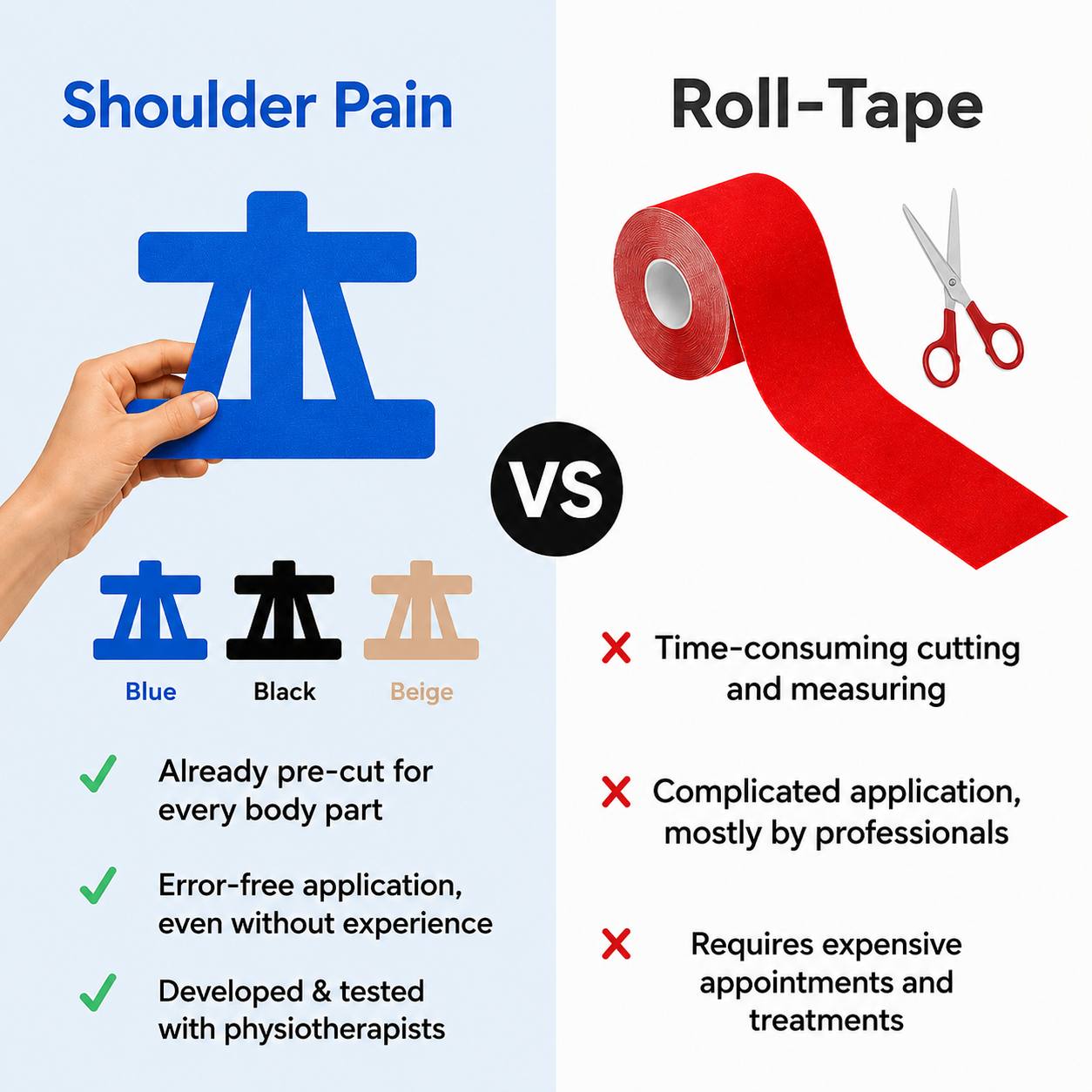 Pre-cut shoulder tape vs roll tape comparison - no cutting or measuring