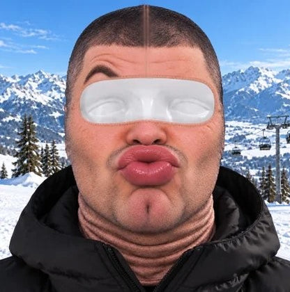 Pursed Lips funny face ski mask worn on the slopes