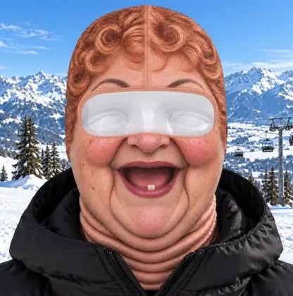 Red Curls funny face ski mask worn on the slopes