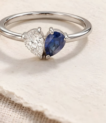 Silver heart stone ring with two pear-shaped stones
