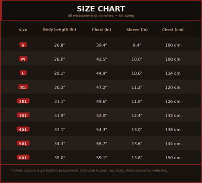 Men's Veteran Battlefield Art Print T-Shirt size chart