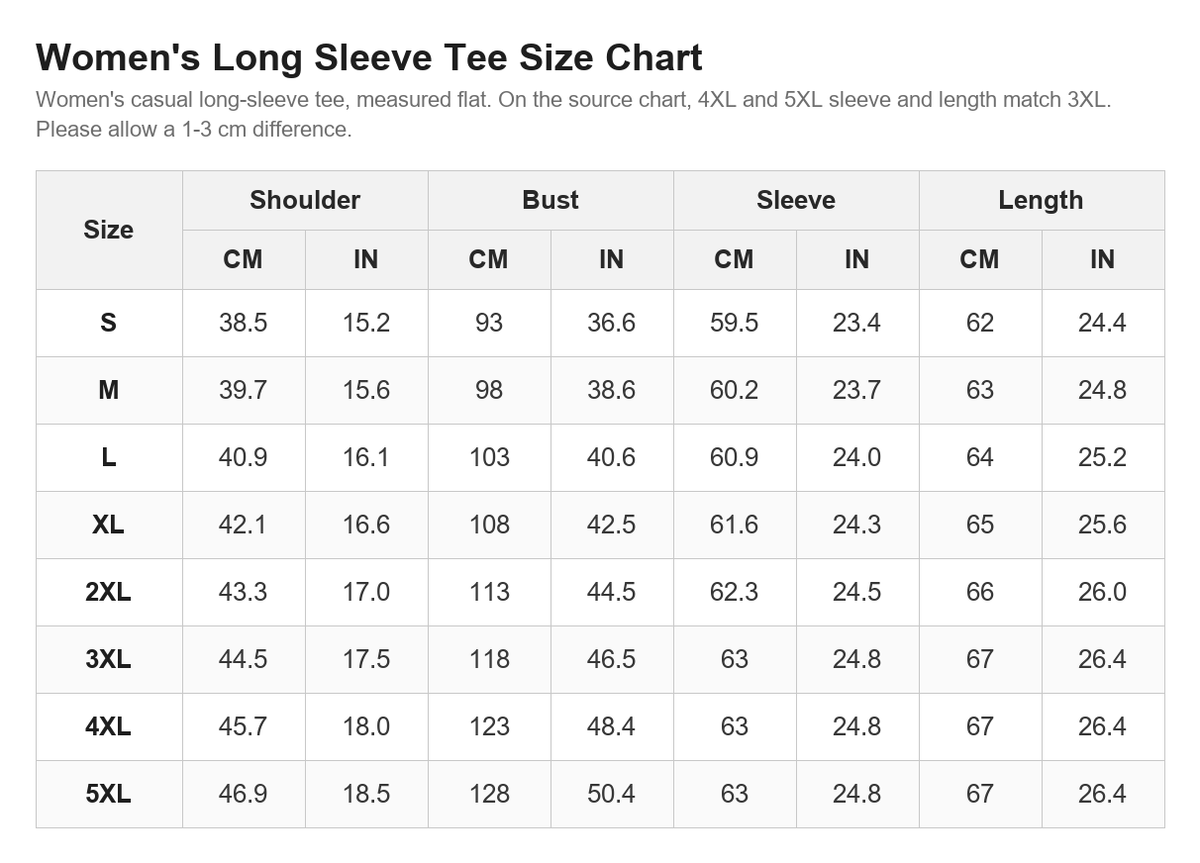 Women's Tomorrow Needs You Long Sleeve Tee size chart