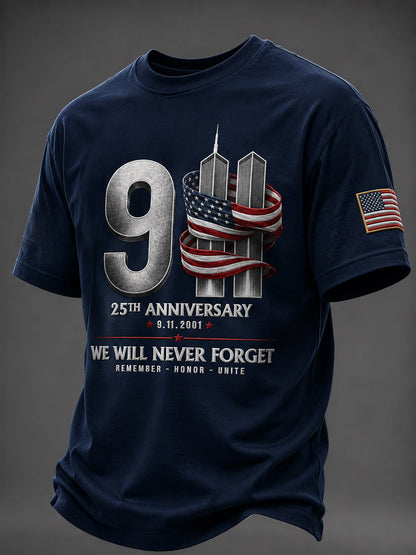 9/11 25th Anniversary We Will Never Forget Navy T-Shirt with Twin Towers and American flag graphic