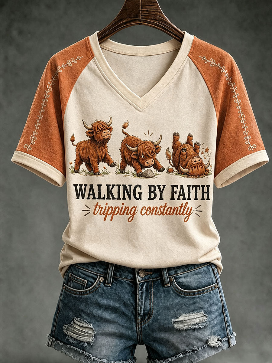 Womens walk by faith Christian tee in Apricot with contrast raglan sleeves