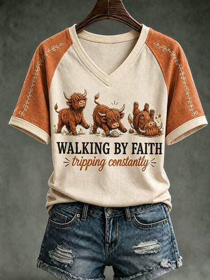 Womens walk by faith Christian tee in Apricot with contrast raglan sleeves