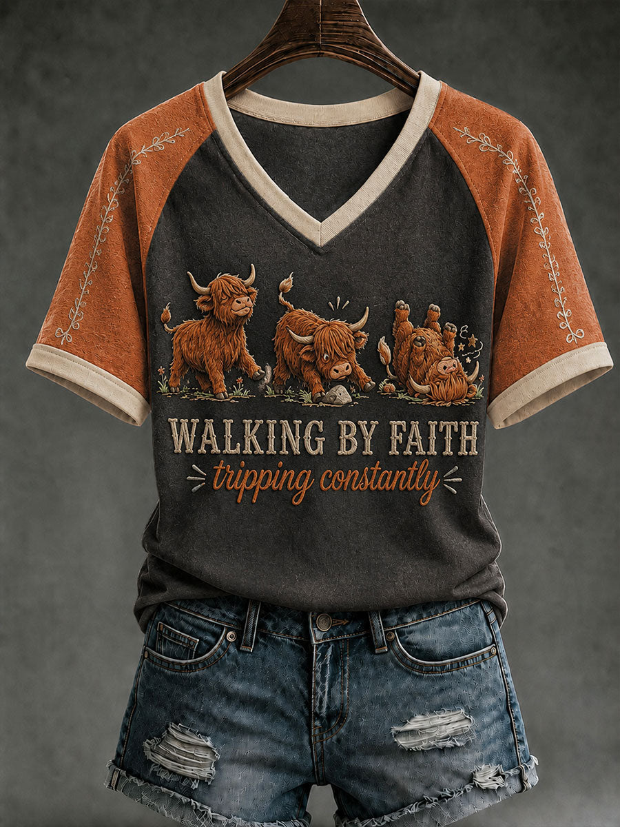 Womens walk by faith Christian tee in Black with contrast raglan sleeves