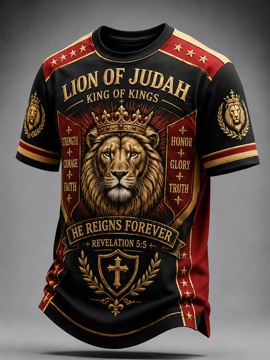 Men's Lion of Judah Christian T-Shirt in black with red and gold KING OF KINGS graphic - Revelation 5:5