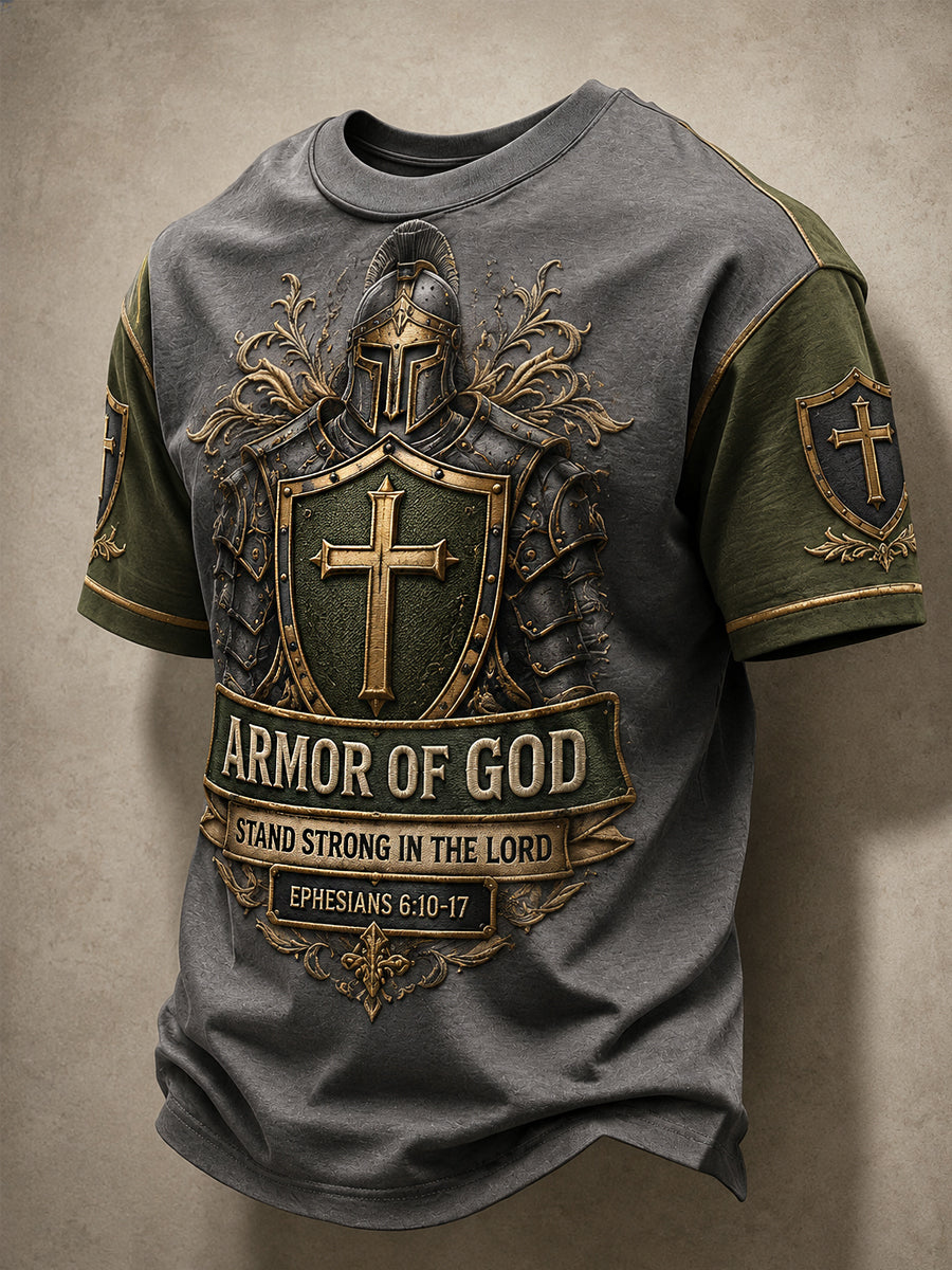 Men's Armor of God Christian faith t-shirt with shield and cross print in army green