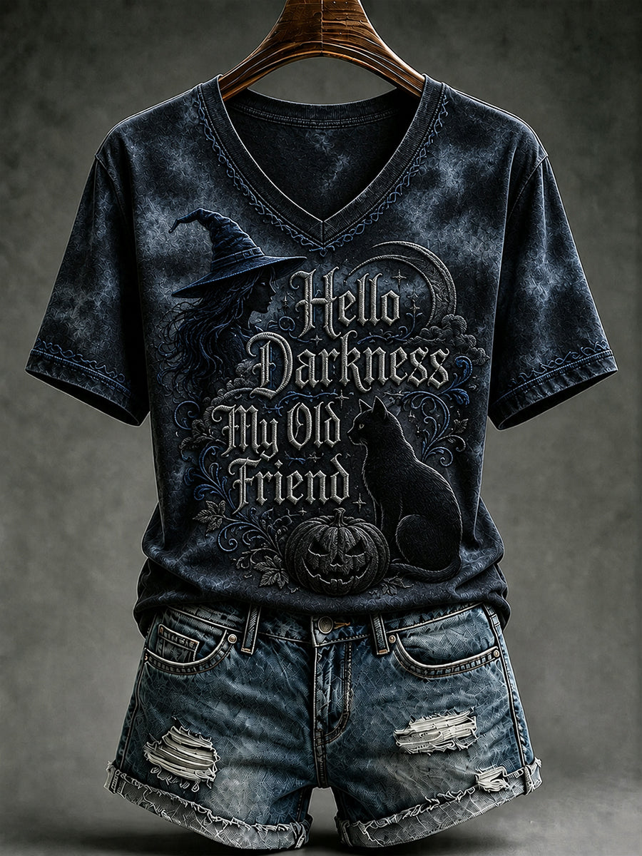 Women's Hello Darkness My Old Friend gothic Halloween V-neck tee in dark gray with witch hat, black cat and pumpkin print