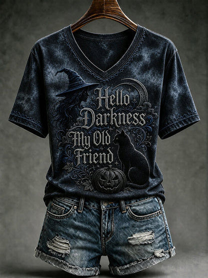 Women's Hello Darkness My Old Friend gothic Halloween V-neck tee in dark gray with witch hat, black cat and pumpkin print