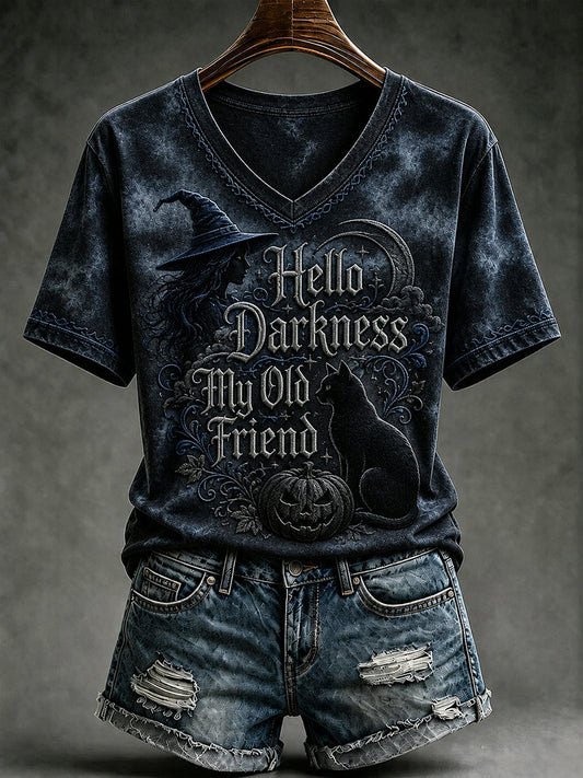 Women's Hello Darkness My Old Friend gothic Halloween V-neck tee in dark gray with witch hat, black cat and pumpkin print