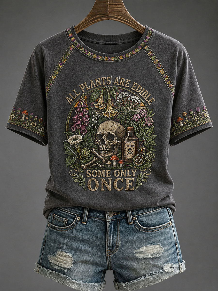 Women's Dark Gray raglan tee with botanical skull print featuring wildflowers and mushrooms