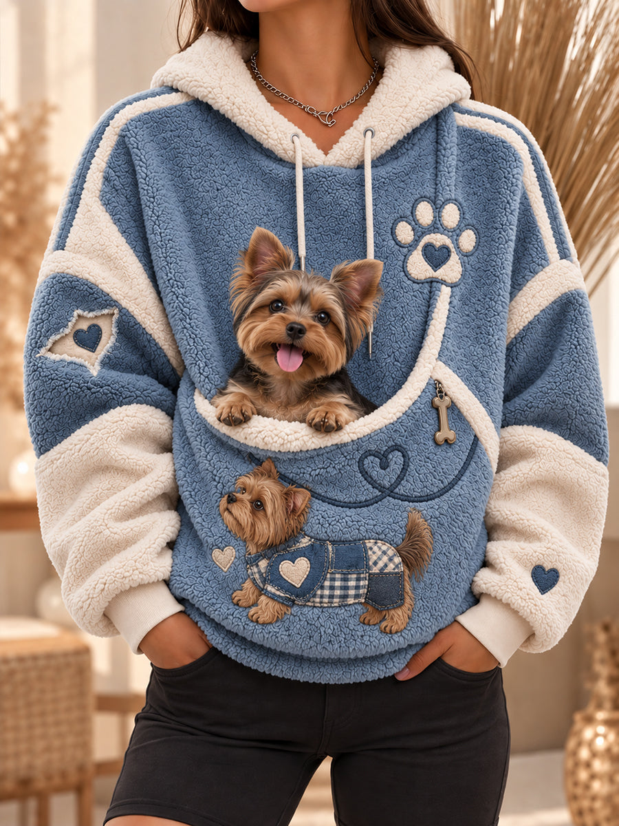 Women's fun animals sherpa hoodie with deep front dog pocket in blue