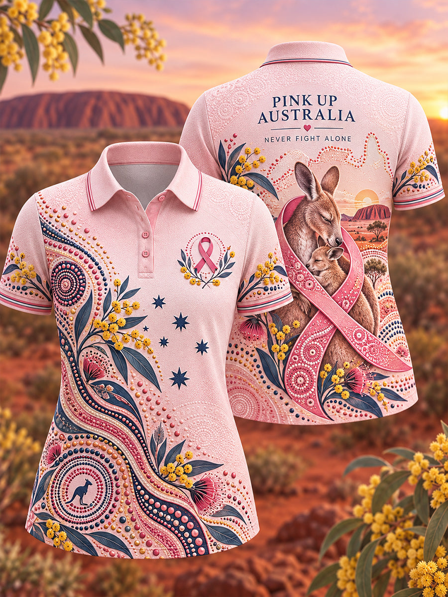 Women's pink breast cancer awareness polo front and back with ribbon and kangaroo artwork