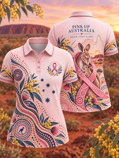 Women's pink breast cancer awareness polo front and back with ribbon and kangaroo artwork