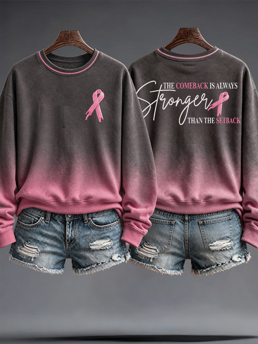 Women's breast cancer awareness sweatshirt with pink ribbon, charcoal-to-pink gradient and encouraging back print