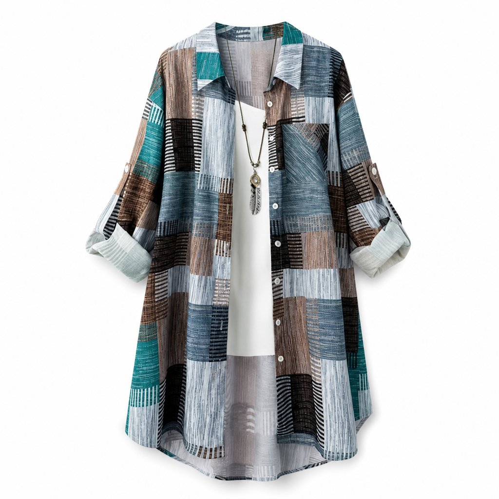 Green patchwork plaid shirt with roll-up button-tab sleeves