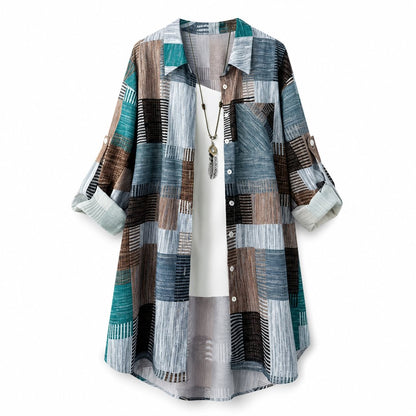 Green patchwork plaid shirt with roll-up button-tab sleeves