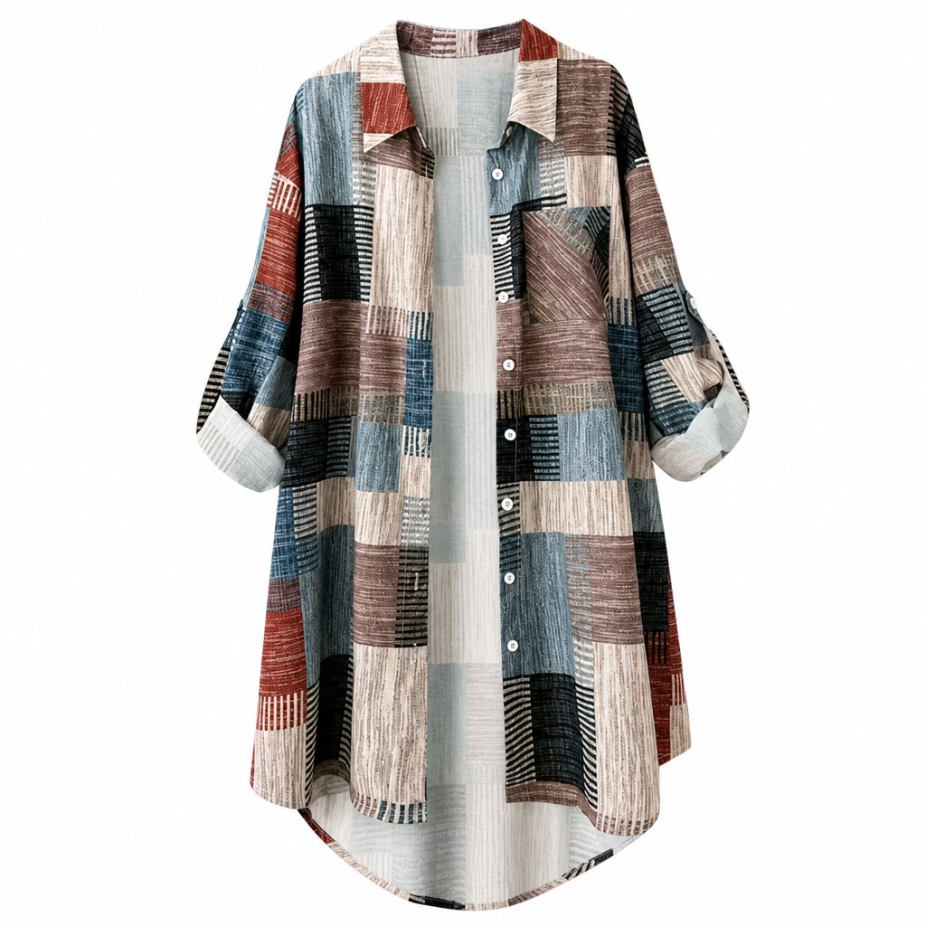 Khaki loose fit plaid button-up shirt with long sleeves