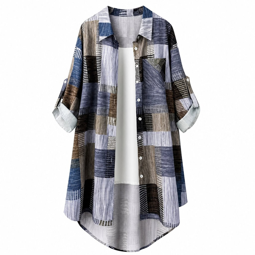 Purple loose fit plaid long sleeve shirt with curved hem