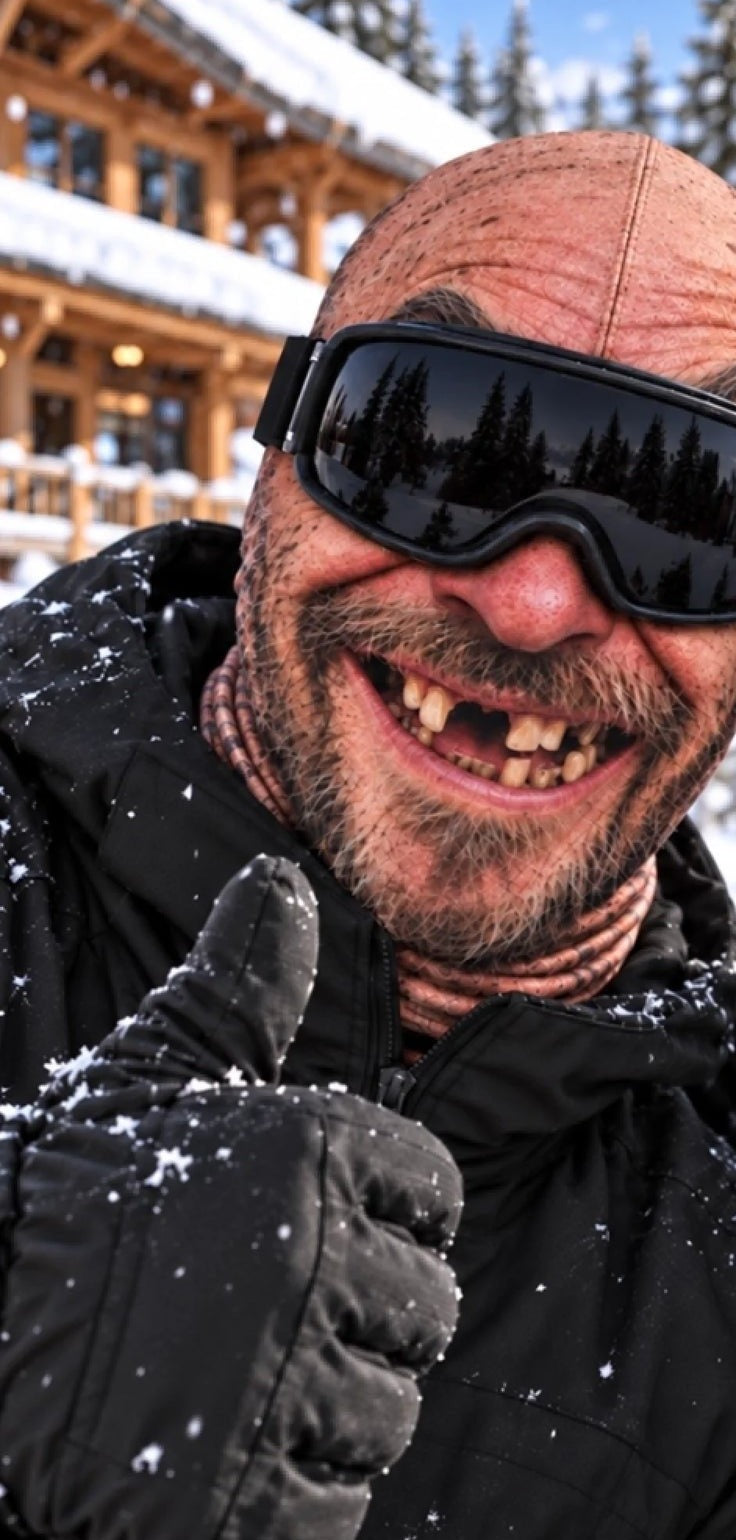 Squinting Grin funny face ski mask worn on the slopes