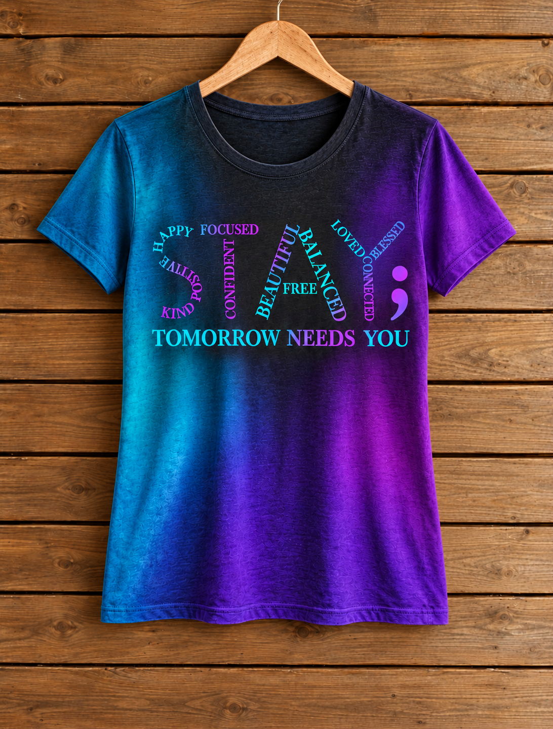 Women's crew neck Tomorrow Needs You semicolon tee, teal to purple