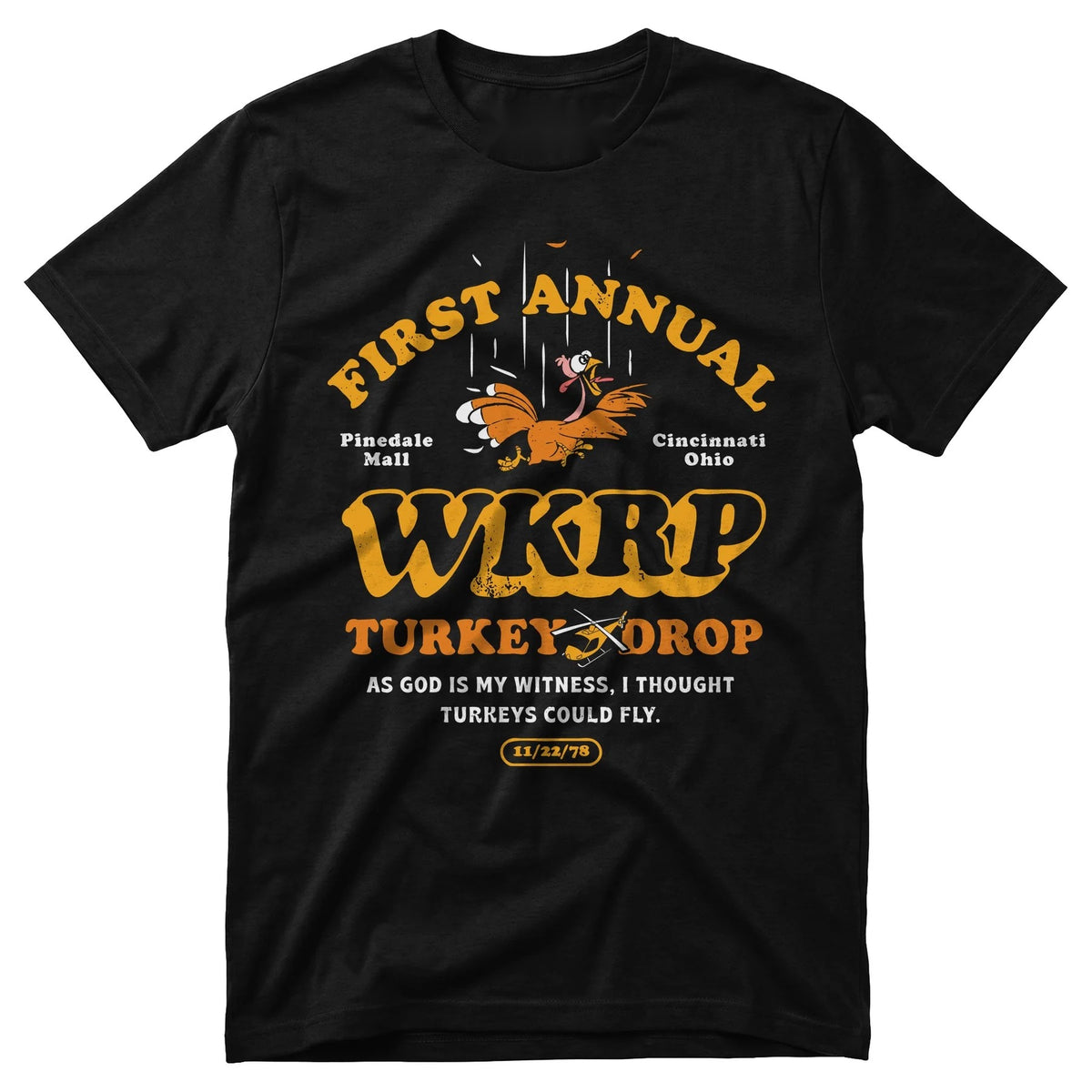 1978 Turkey Drop unisex graphic T-shirt in Black with golden turkey artwork