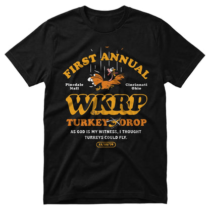 1978 Turkey Drop unisex graphic T-shirt in Black with golden turkey artwork