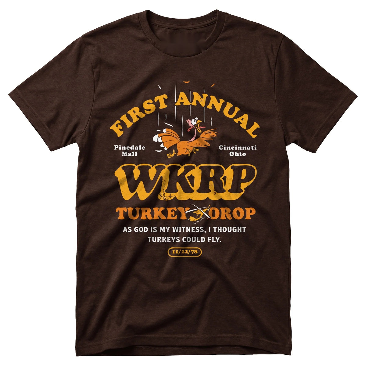 1978 Turkey Drop unisex graphic T-shirt in Brown with golden turkey artwork
