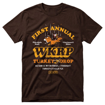 1978 Turkey Drop unisex graphic T-shirt in Brown with golden turkey artwork