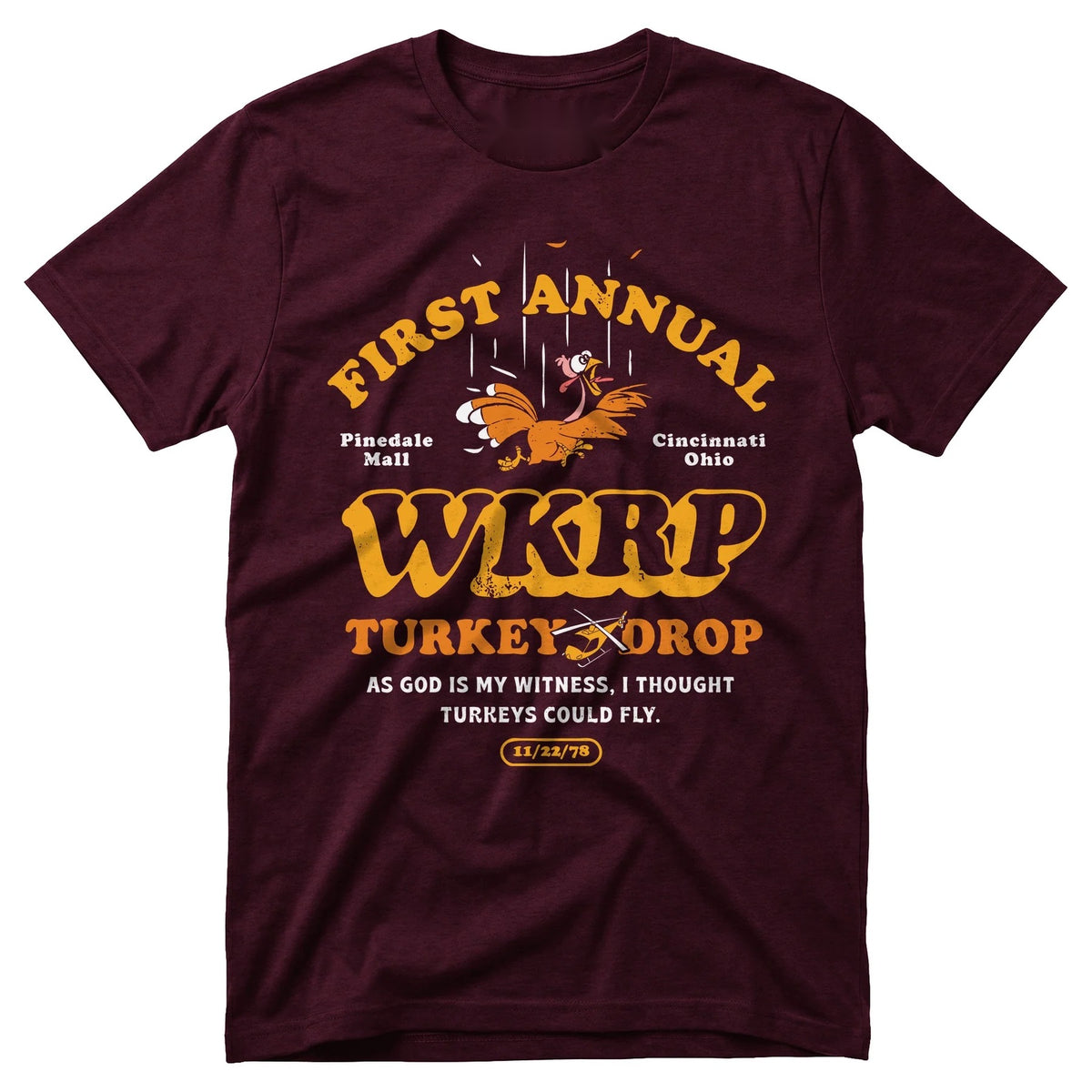 1978 Turkey Drop unisex graphic T-shirt in Maroon with golden turkey artwork