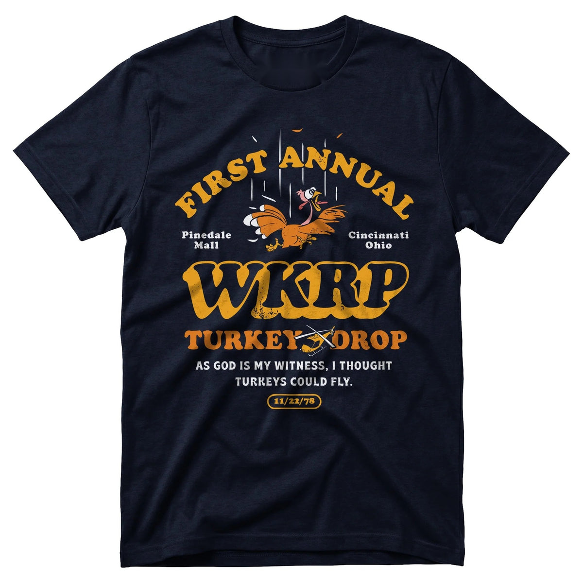 1978 Turkey Drop unisex graphic T-shirt in Navy with golden turkey artwork