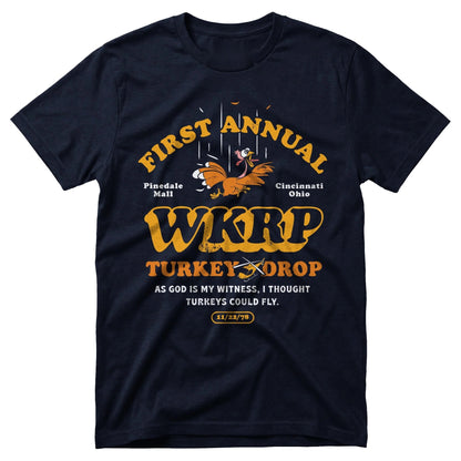 1978 Turkey Drop unisex graphic T-shirt in Navy with golden turkey artwork