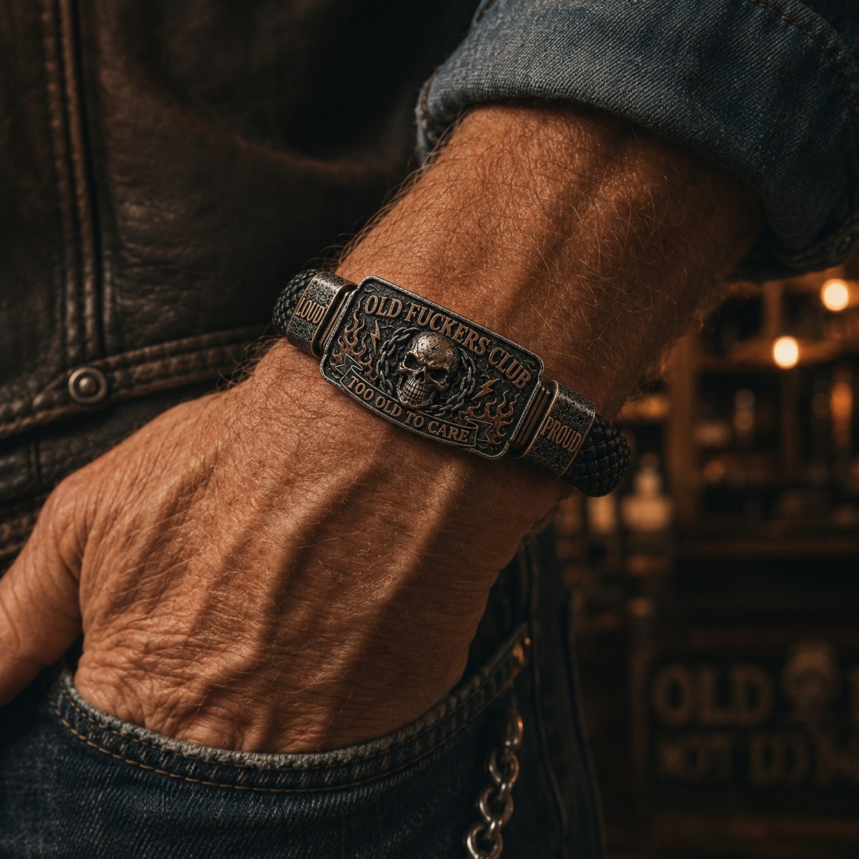 Old Fuckers Club Bracelet - Too Old To Care Skull Leather Cuff