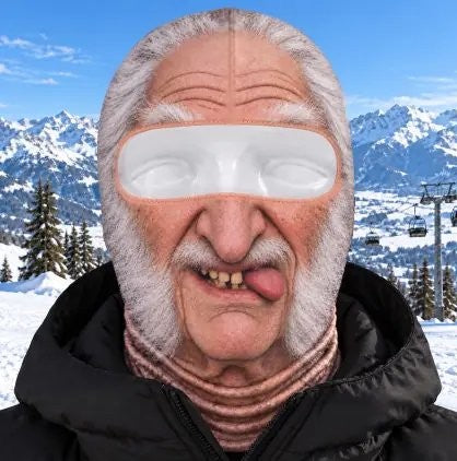 White Hair funny face ski mask worn on the slopes
