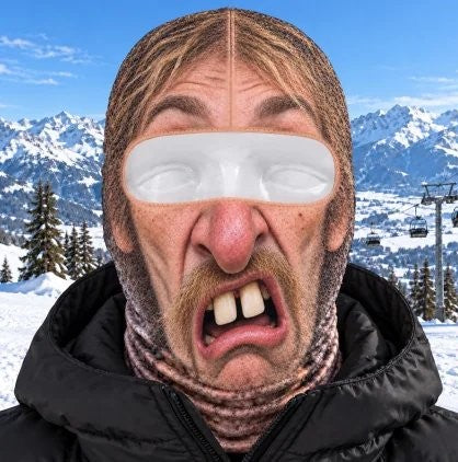 Wild Hair funny face ski mask worn on the slopes